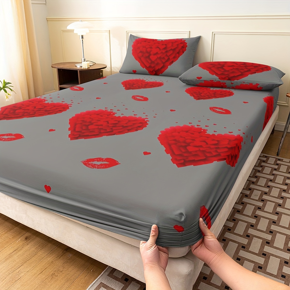 TEMU 3-pack Printed Bedroom Fitted Sheets And Pillowcases Set 1 Fitted Sheet + 2 Pillowcases, Skin-friendly Fabric Fitted Sheet Set Includes