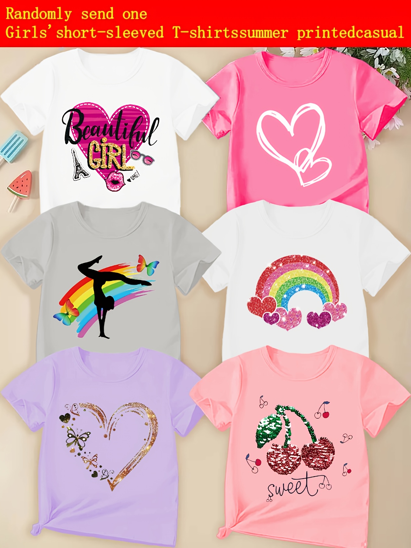 Girls' Summer Fun Print Short Sleeve T-Shirt – Vibrant Random Print Tee