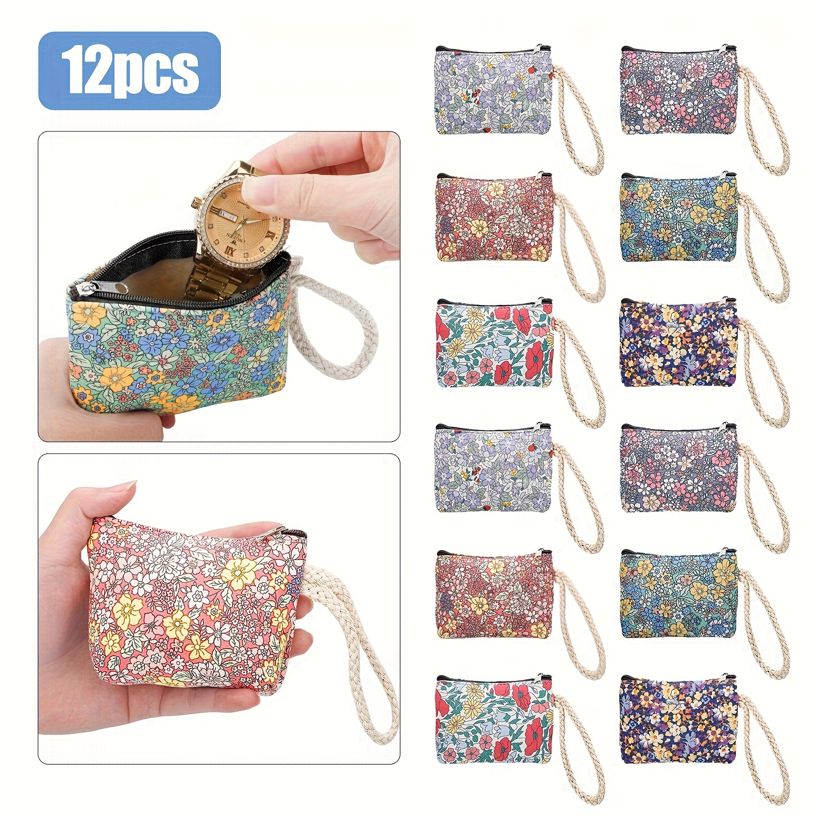 TEMU 12pcs Bohemian Floral Coin Purses, Multi-functional Jewelry Bags, Vibrant Makeup Organizer With Handles And Zipper, Perfect For Outdoor Travel,