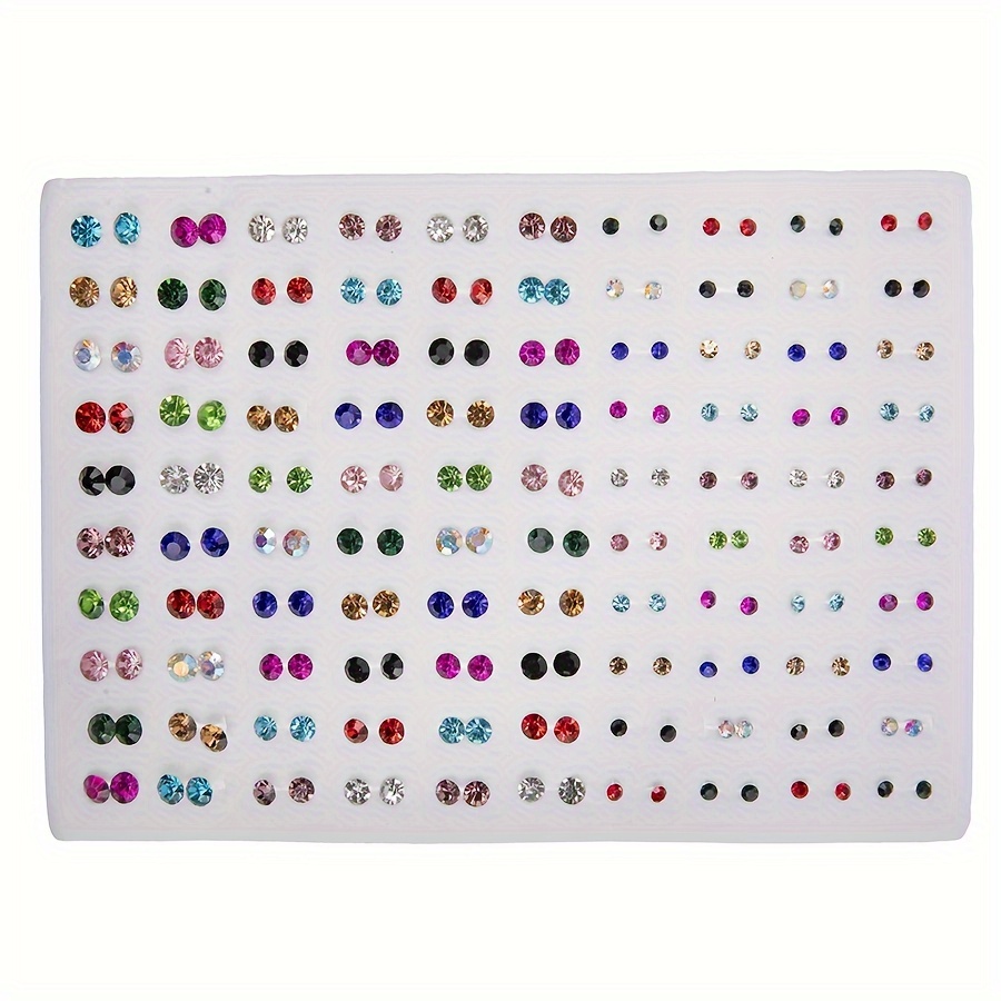 TEMU 100pairs Fashion Colorful Round Rhinestone Small Stud Earrings 3mm/5mm/6mm Different Size Combination Plastic Earpins Ear Accessories Set Party Jewelry