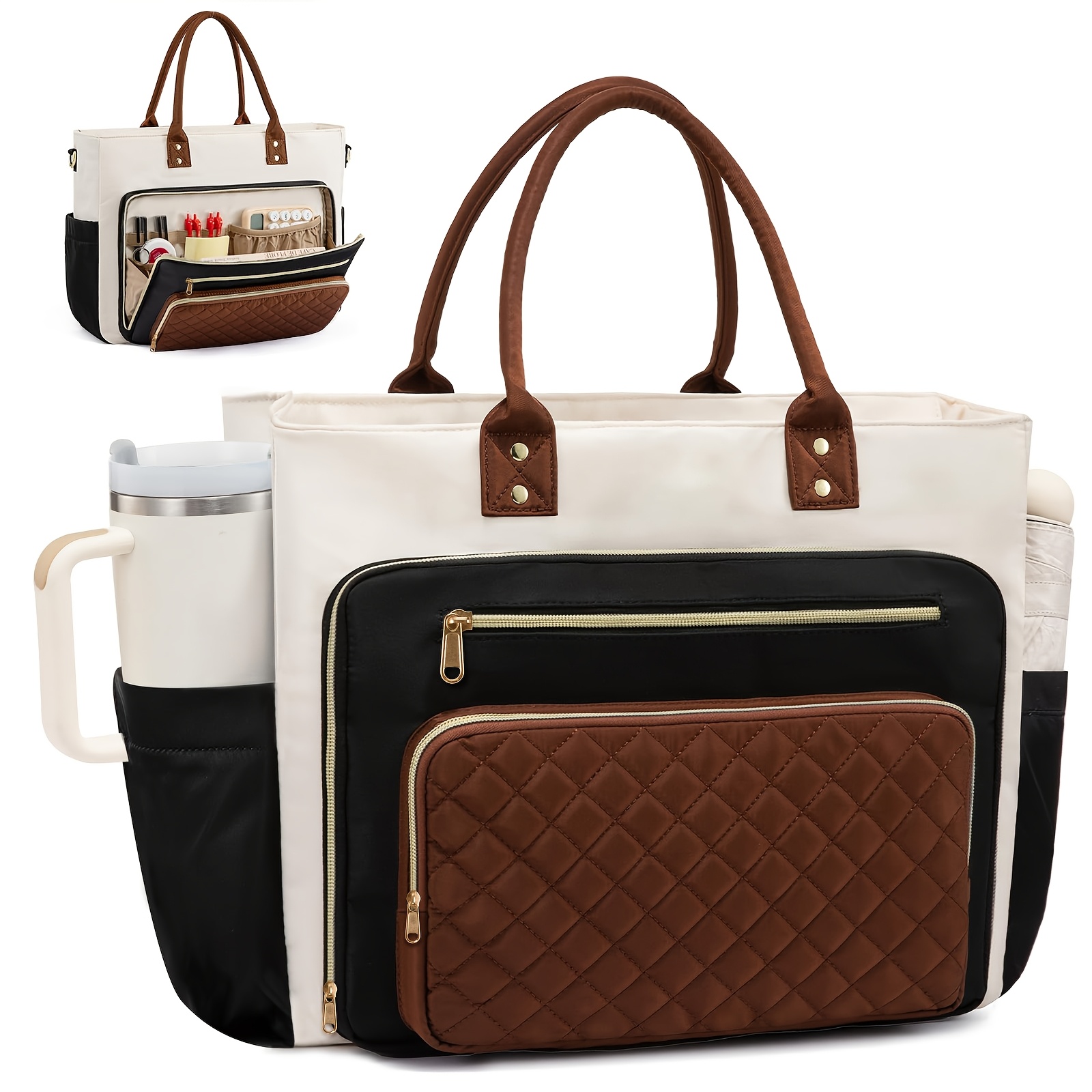 TEMU Women's Large Capacity Tote Bag, 15.6" Laptop Work Bag With Large Cup Holder, Multi-compartment, Handheld& Shoulder Use, Durable High Quality,