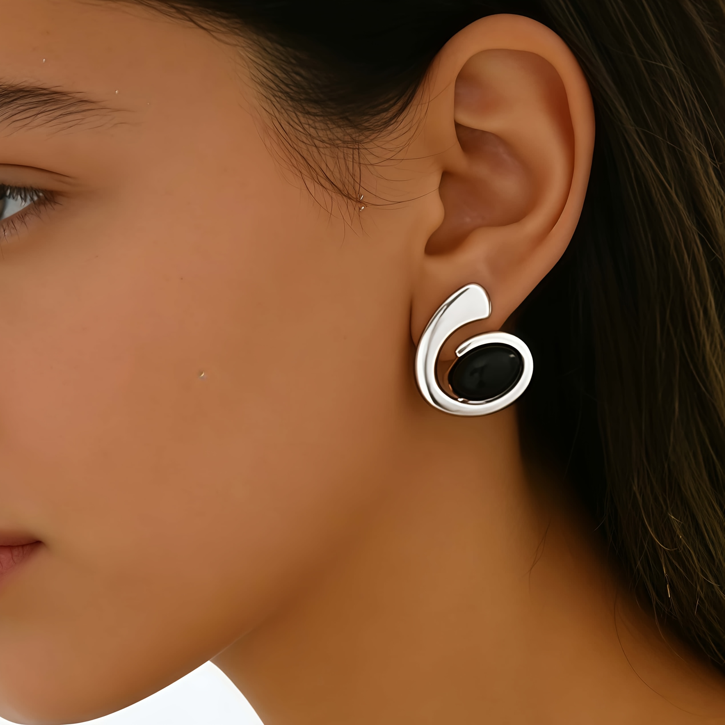 Image of 1 Pair Of Women's Minimalist Geometric Curve Earrings, Black Rhinestone Inlaid Ear Accessories, Bohemian , Suitable For Daily, Vacation, And Party Wear