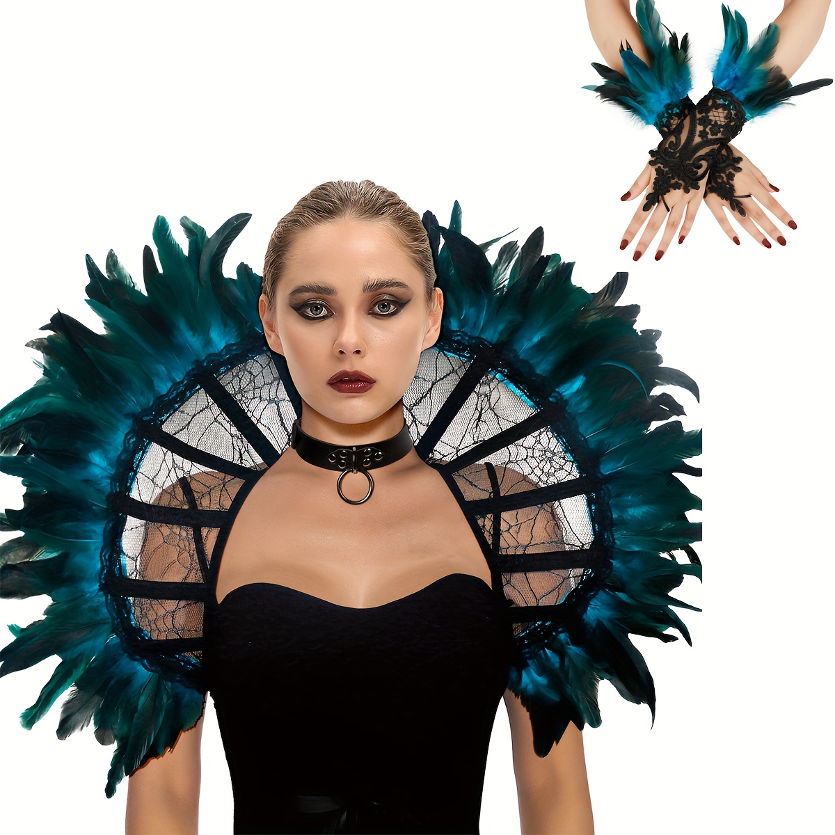 Federkragen & Manschetten Set – Schwarze Spitzen-Accessoires Für Cosplay & Halloween