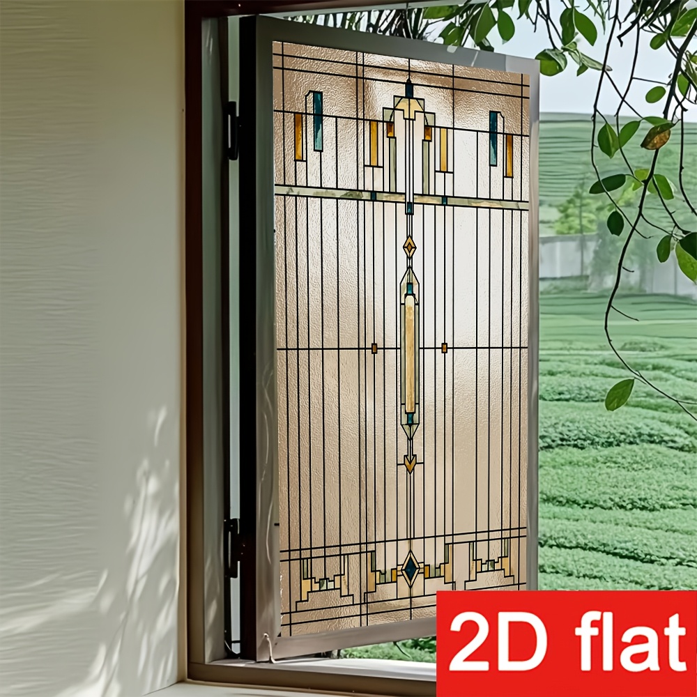 TEMU 2d Flat - 2d Flat - 2d Flat 1 Roll Geometric Lines And Colored Glass Window Pattern Pet Frosted Anti-peeping, Electrostatic Adsorption Function