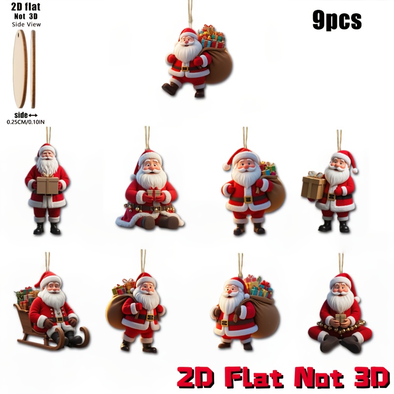 2D Flat, 2D Flat 9pcs Set of Kind and Jolly Santa Claus Series Retro Wooden Hanging Ornaments - Christmas Tree Decorations, No Wiring Needed for Home Doors/Windows Fireplace Branches Party Gifts, 2D Flat