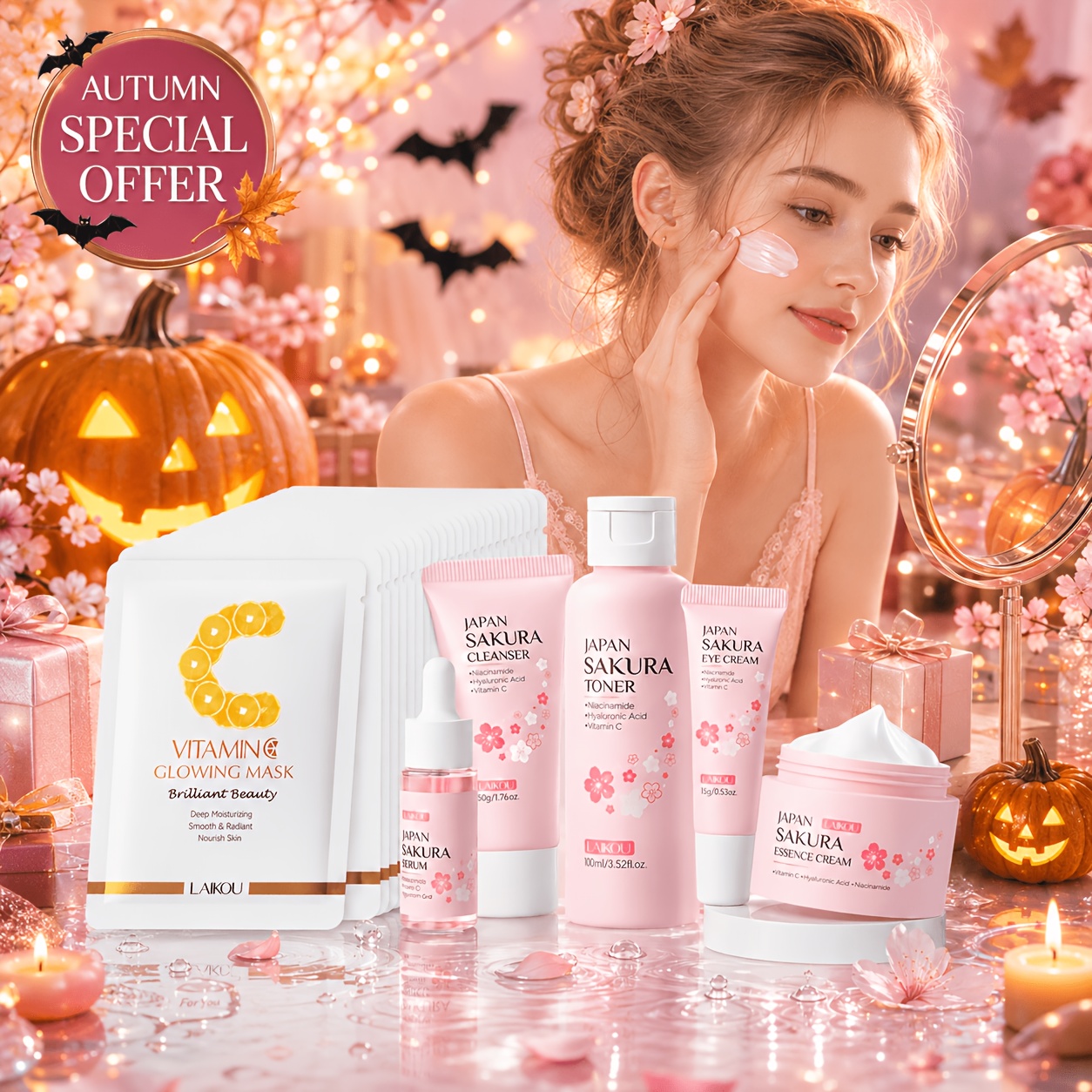 Laikou Sakura 5pcs Skincare Set, With 20pcs Vitamin C Face Masks, Refreshing And Moisturizing Skincare For Summer, Non-greasy, Suitable For Types, Birthday Gift, Graduation Gift