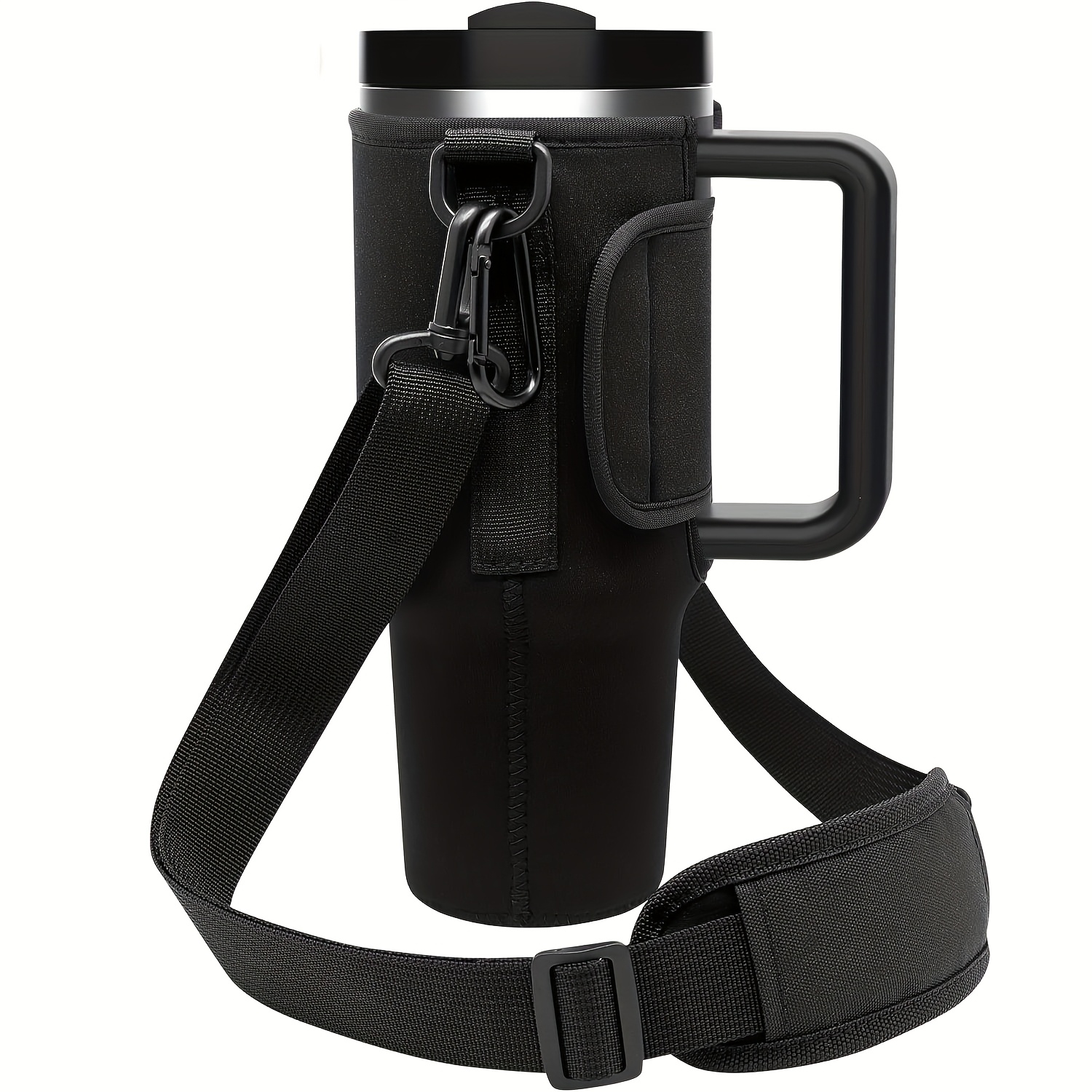 Image of Carrier Bag For 40/30 Oz Tumblers, Featuring A Water Pouch With An Adjustable Shoulder Strap And Safety , Made Of Neoprene, Perfect For Hiking, Traveling, And Camping. Black Accessory