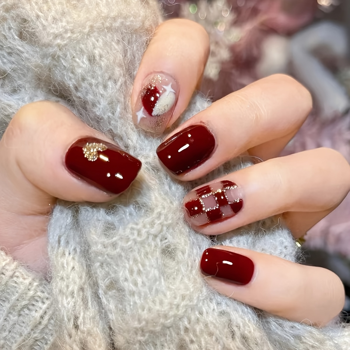 TEMU 24pcs Short Oval Wine Red Checkered Golden Glitter Heart Full Cover Press-on Nail Set With Jelly Glue And Nail Buffer, Suitable For Women/ For