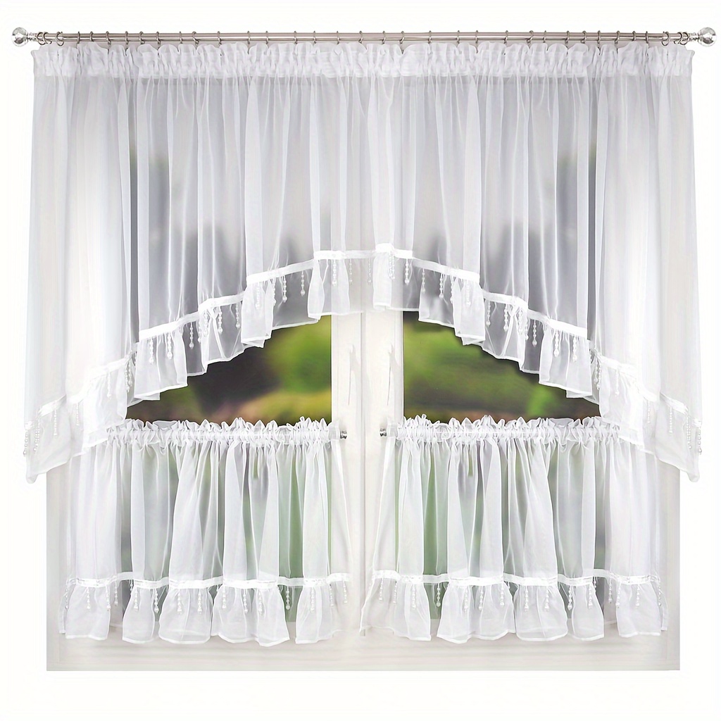 Image of 1set/3pcs Fhflyinghome 248 Model Yarn Lace Beaded Kitchen Curtain Decoration, Window, Home Decor, Beaded Accents, Bohemian Style, Soft Texture, Delicate Lace, Sheer Curtains, Lace Drapes