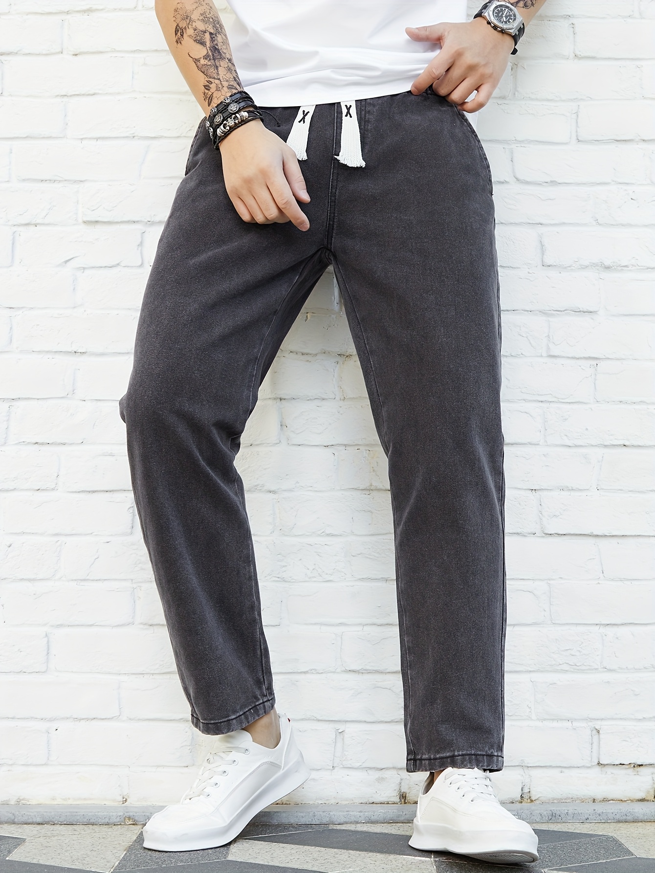 Men's Washed Denim Pants, Spring/Autumn Fashion Brand Loose Straight-Leg Elastic Waist Drawstring Versatile Japanese Style Casual Cropped Pants, Geng Yuanshi