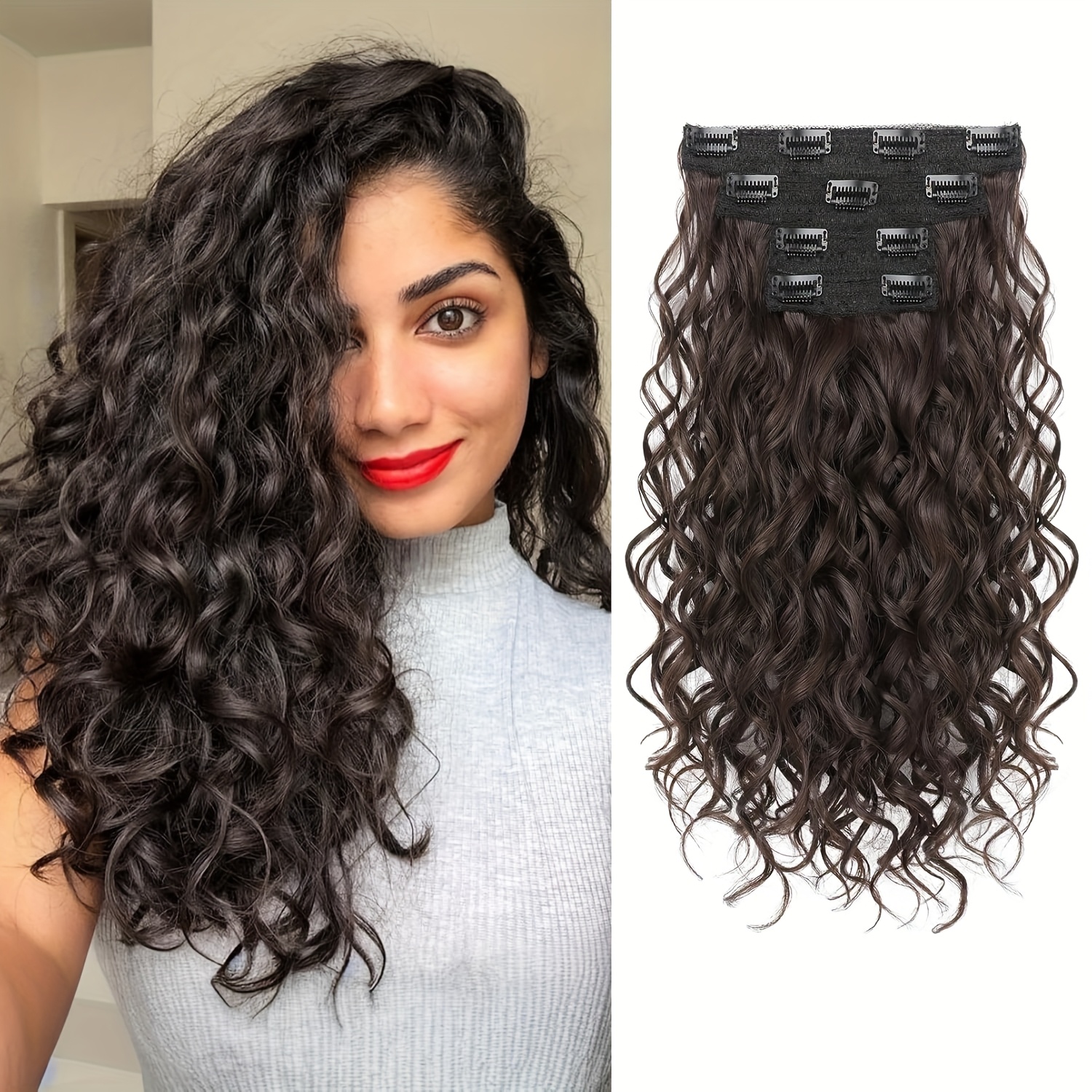 4pcs 30.48 cm clip-in short curly hair extensions with lace weft - invisible hairpieces for women, heat-resistant &  , adds volume & length,    , hair volume enhancer, elegant hairpiece,   hairpiece details 2