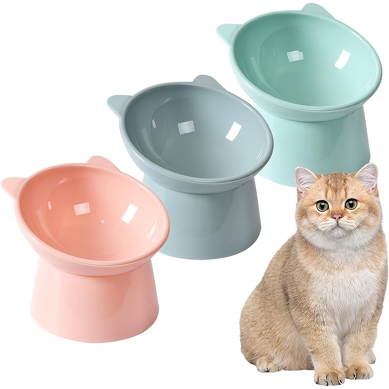 TEMU Raised Cat Bowls Set Of 3 - Cat-ear Shaped Elevated Feeder With Anti-slip Base, Neck - Feeding Dish For Pets (pink/green/blue)