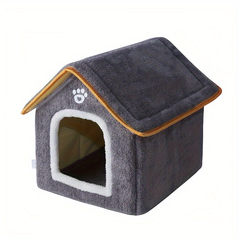 

Cozy Polyester Fiber Cat House, Washable Enclosed Warm Pet Shelter, Pre-assembled Indoor Cat Bed With Paw