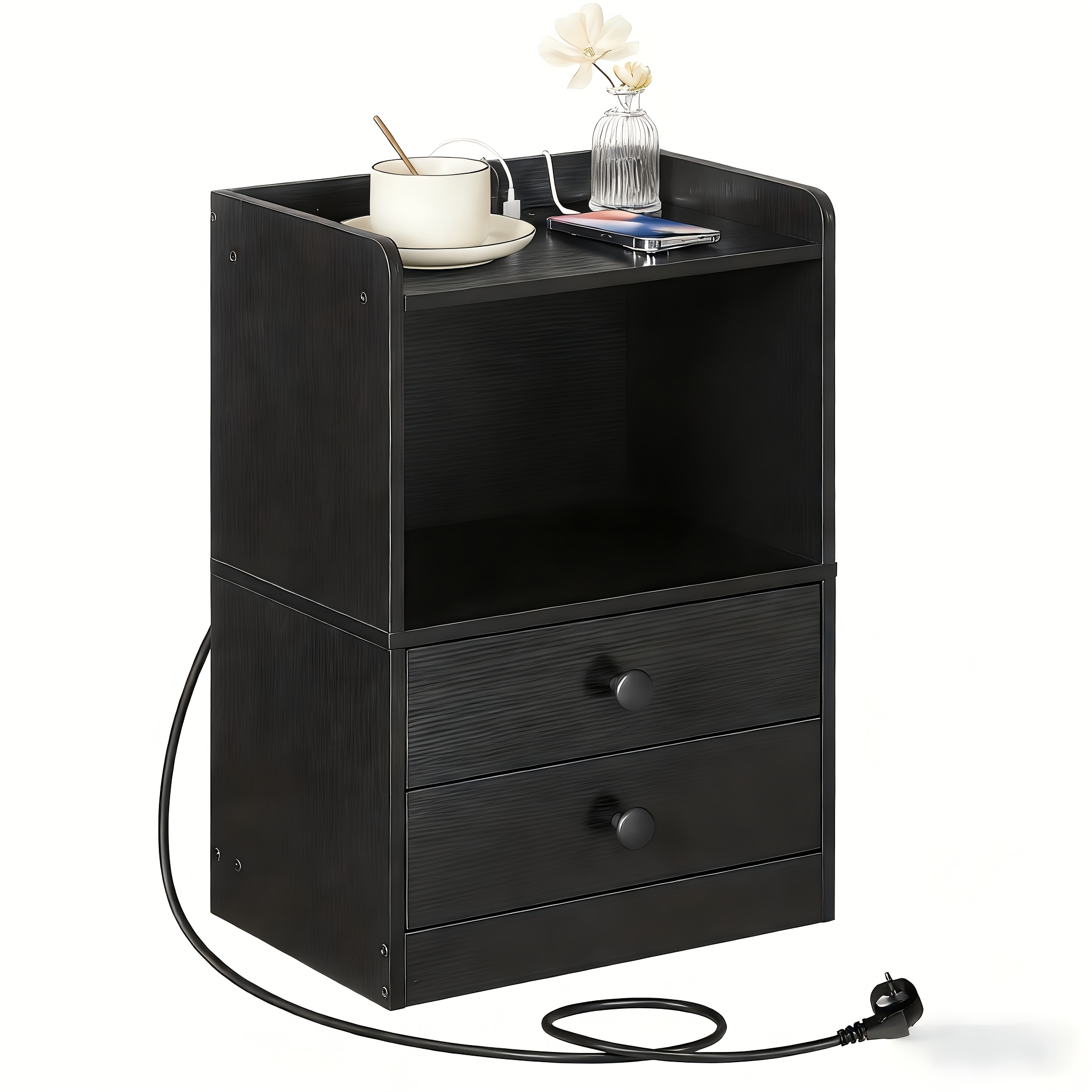 Black Bedside Table, Charging Station, Side Table With 2 Drawers, Living Room Side Table, Suitable For Bedroom, Living Room, Study