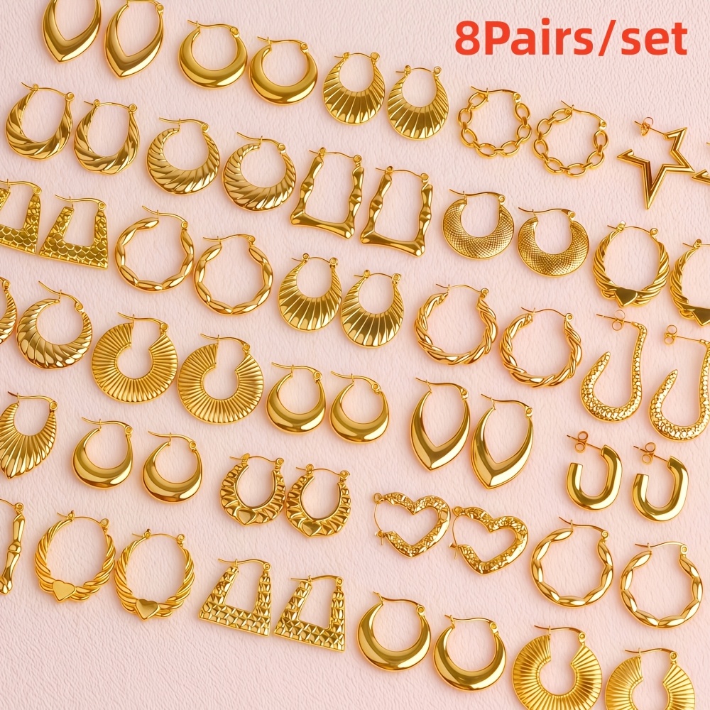 TEMU Lot de 8 paires de boucles d'oreilles créoles de style aléatoire en acier inoxydable pour femme, cadeau de fête tendance, parure de bijoux de