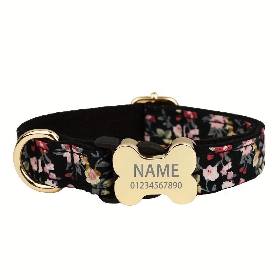 TEMU Personalized Floral Dog Collar With Metal Buckle Engraved Name Id Tag Adjustable Soft Comfortable For All Dog Sizes Large Medium Small Pet