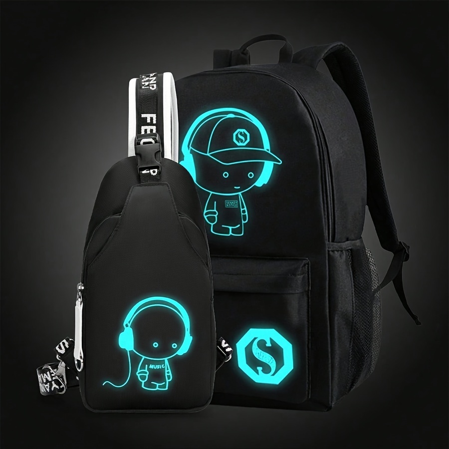 

2pcs Set Night Fluorescent Shoulder Bag Chest Bag Oxford Musician Print Large Capacity Lightweight Backpack For College And High School Students With Printed Straps