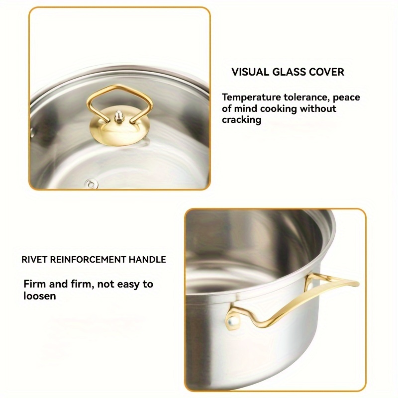   stainless steel cookware set with glass lid golden double handle pots for home dorm camping soup stew cooking kitchenware set dishwasher safe compatible with all stovetops details 9