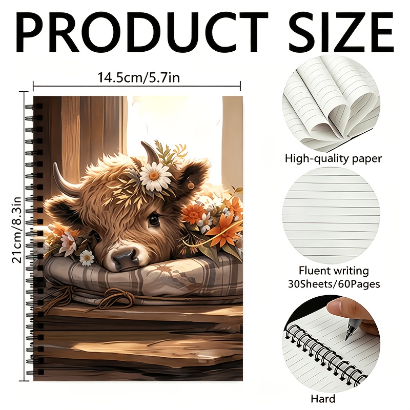 TEMU 1 Cute Highland Cow Spiral Notebook Featuring A Floral ; Contains (60 Pages). Suitable For Use As A Journal, Or For School Or Office; A Perfect