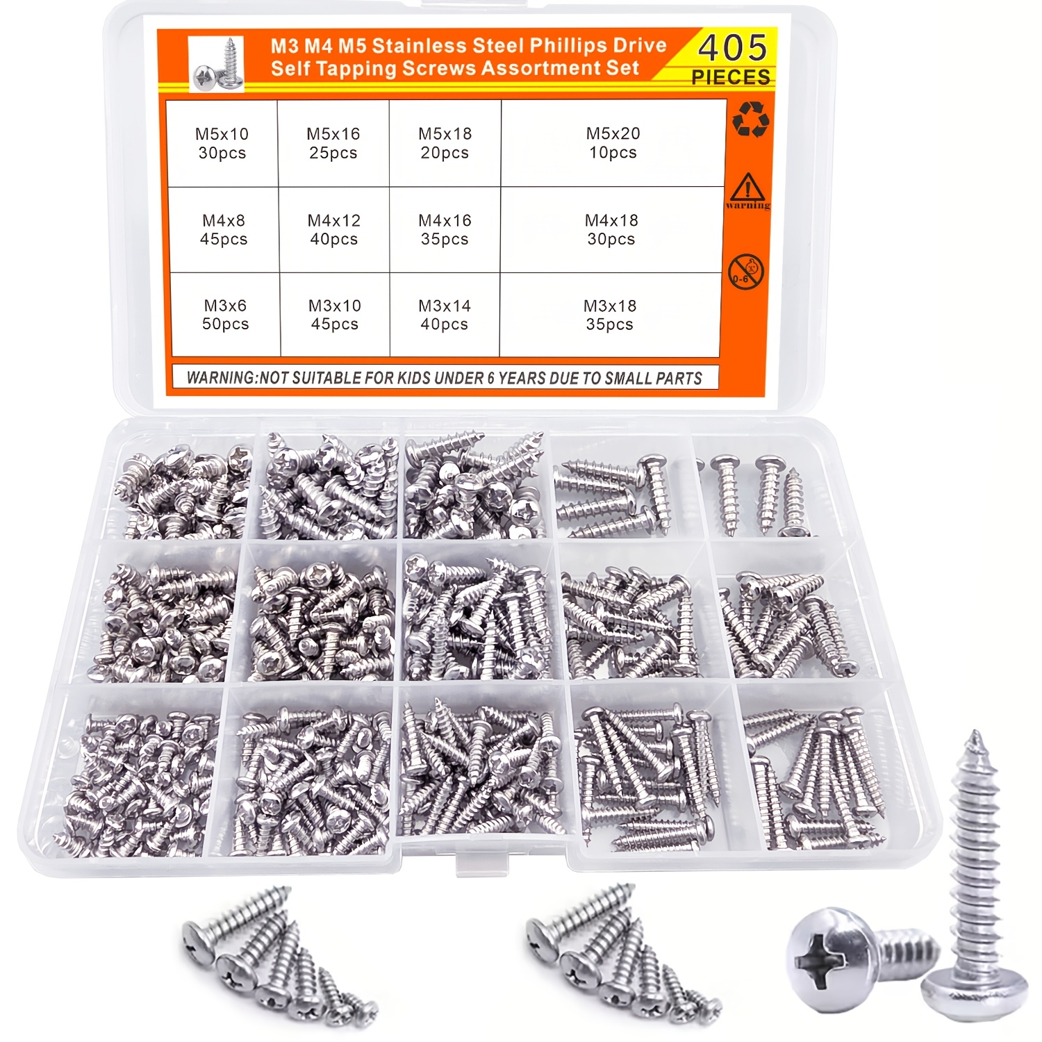 405 410pcs stainless steel screw assortment kit   m5 m4   sizes metric self tapping screws phillips drive     thread
