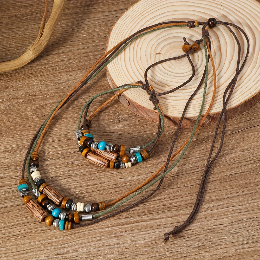 

[customer ] -chic Wooden Bead Jewelry Set - Vintage Bohemian Necklace & Bracelet Combo, Design For Casual Attire