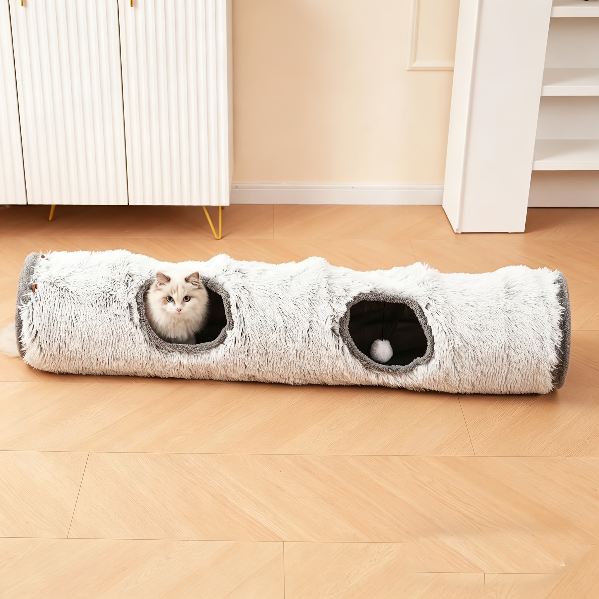Image of Extra-long 47" Plush Cat Tunnel With Dual Holes - Foldable & Fluffy Play Tube For Indoor Cats And Rabbits, Soft Pet Toy, Cat Tunnels For Indoor Cats