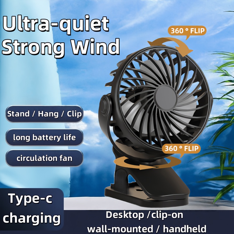 TEMU 1pc Portable Clip-on Fan, 3-speed Usb Rechargeable Table Fan, Mini Fan, 360° Rotation, Suitable For Travel, Outdoor Camping, Office, Golf, Gym