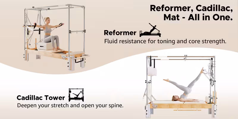 premium 3 in 1 wood pilates reformer with trapeze 800lb capacity home with jumpboard sitting box and complete set of additions Product details 0
