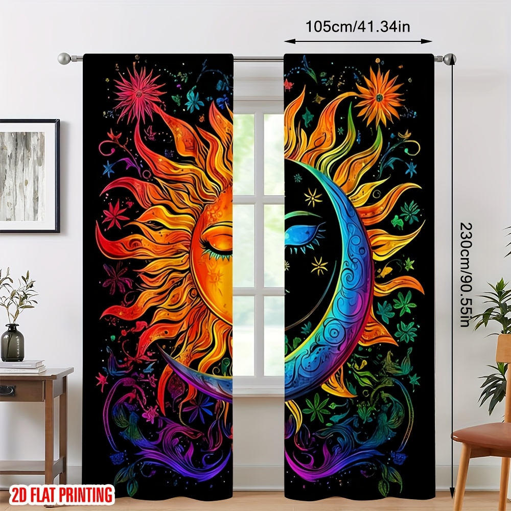 TEMU 2 pièces Rideaux à impression 2D Plats Motif Soleil Style Fantaisie Adaptés pour Salon, Cuisine, Chambre, Bureau, 29.53X65.35In, 41.34X90.55In,