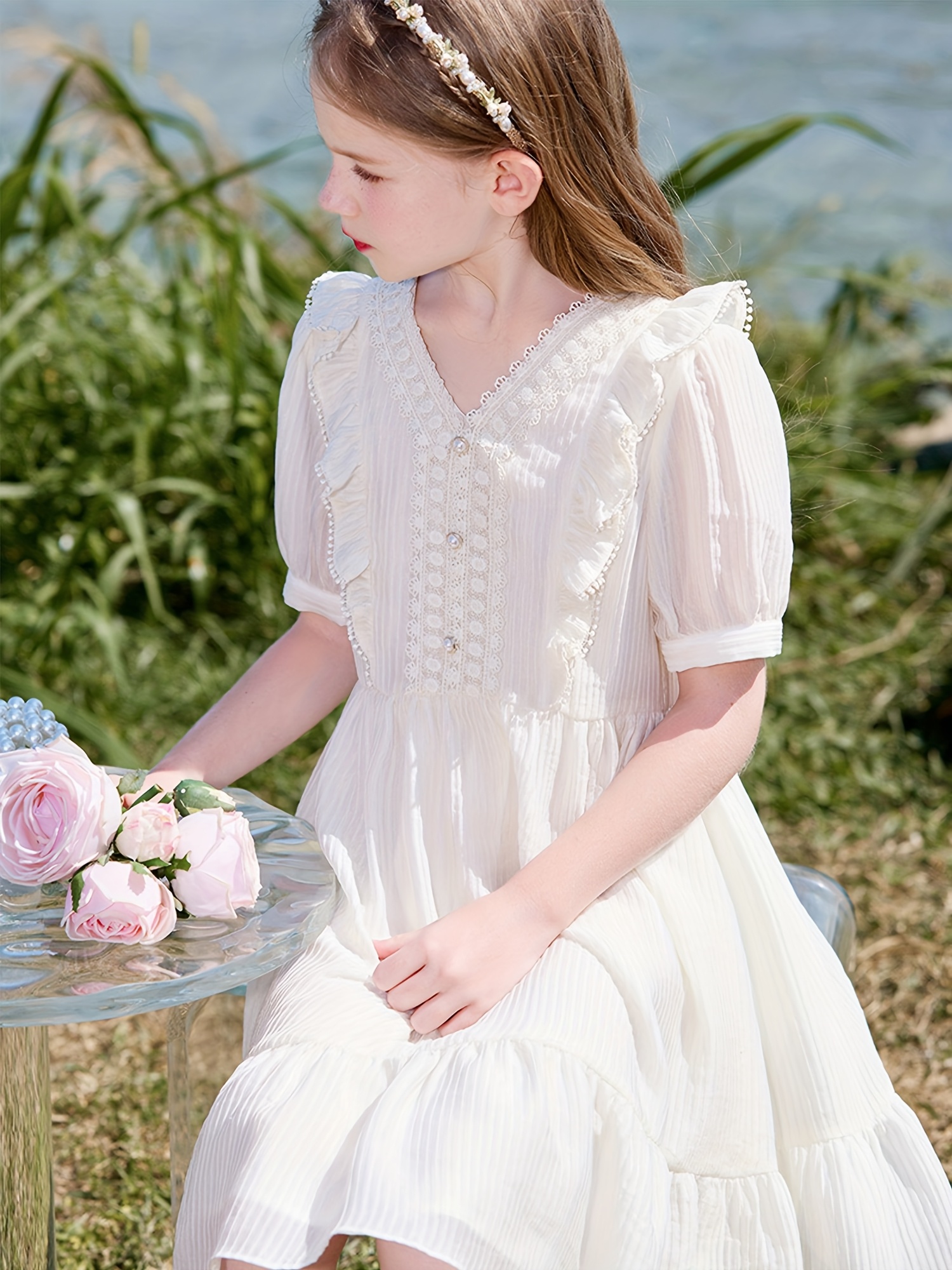 girls lightweight chiffon dress with   hem v neck short sleeve cinched waist invisible zipper back summer beach   for     dress Product details 0