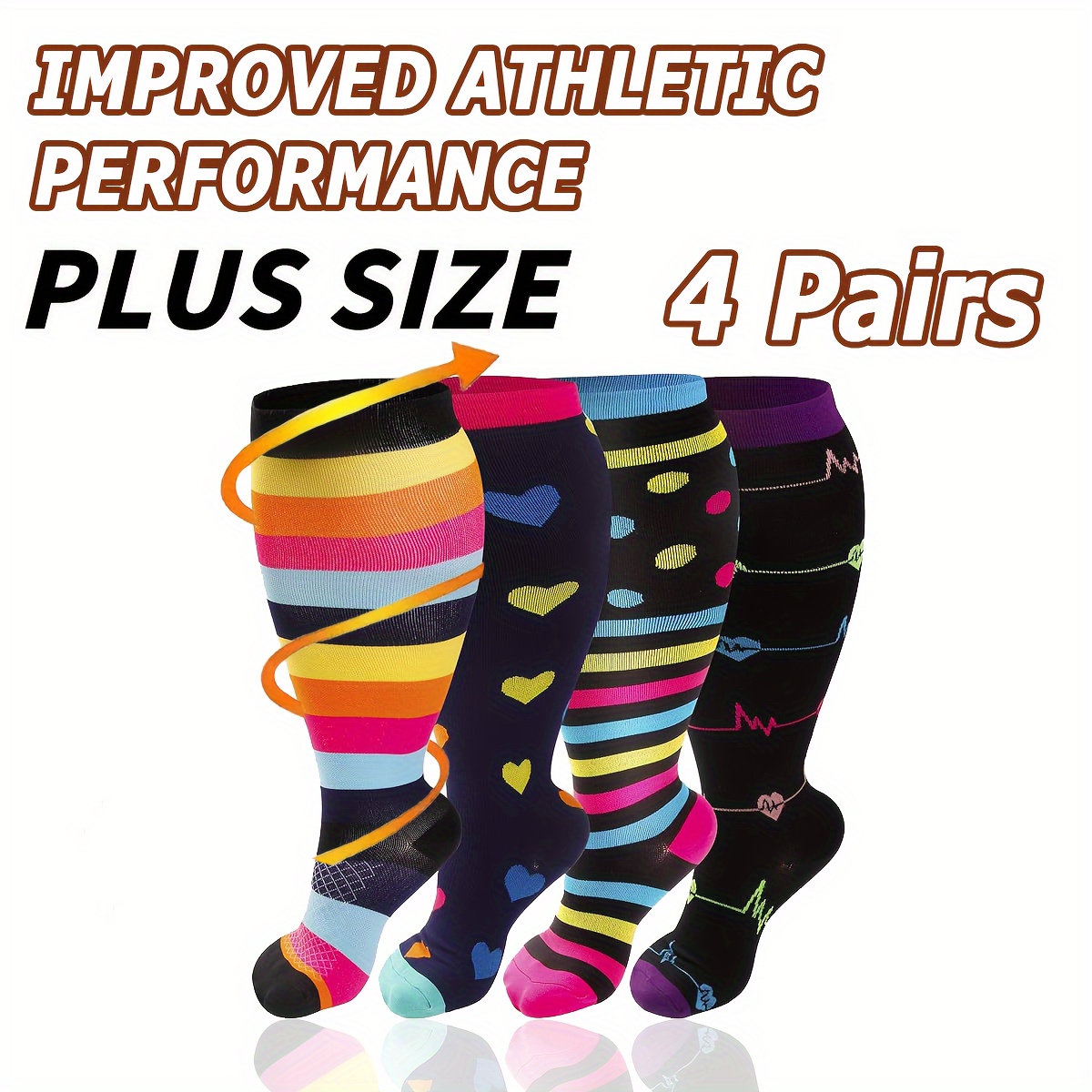 

4 Pairs Plus Size Socks For - 65% Nylon 25% Spandex 10% Polyester Knit Fabric - Striped Non-slip Support Stockings For Athletic Performance, Travel & Comfort