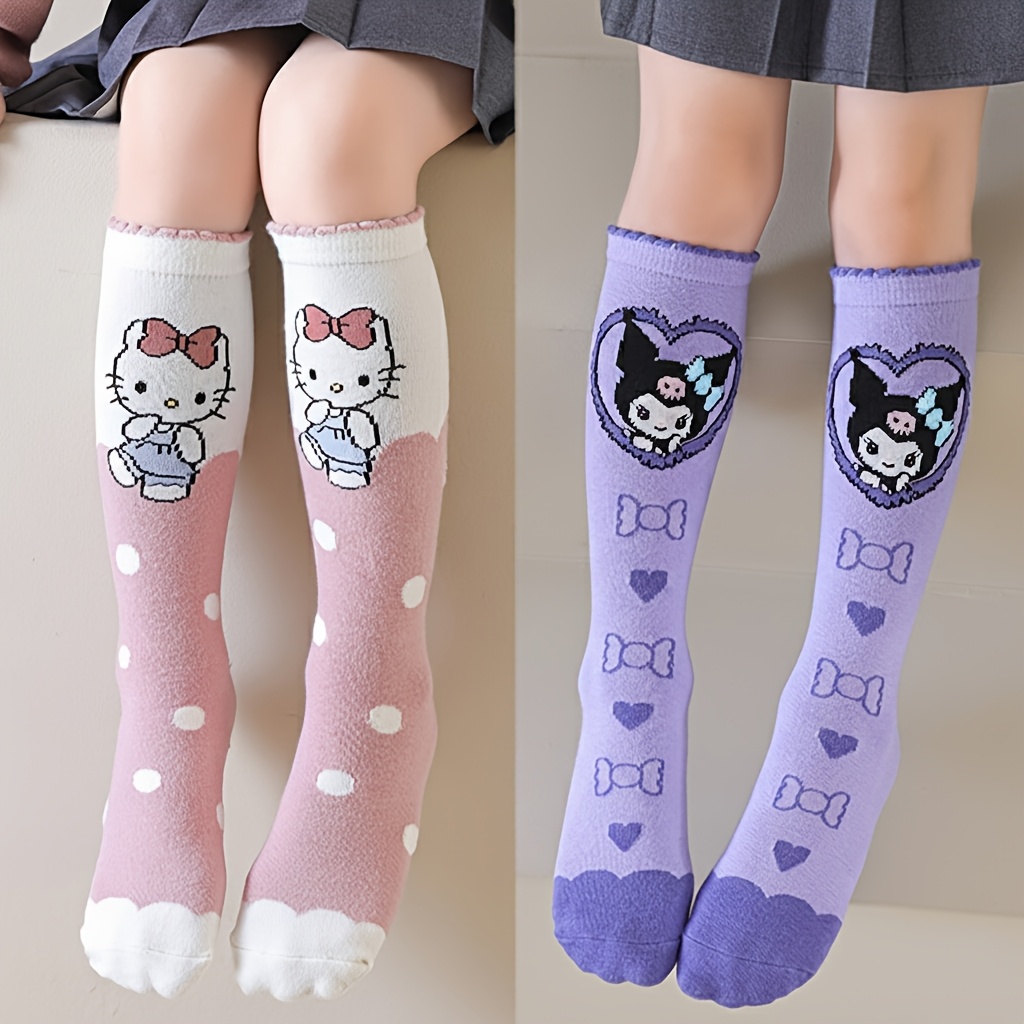 E-shop 2 Paar Mädchen lange Röhrensocken Hello Kitty & Kuromi Cartoon niedlich warm atmungsaktiv bequem weich für Frühling Herbst Winter Schule