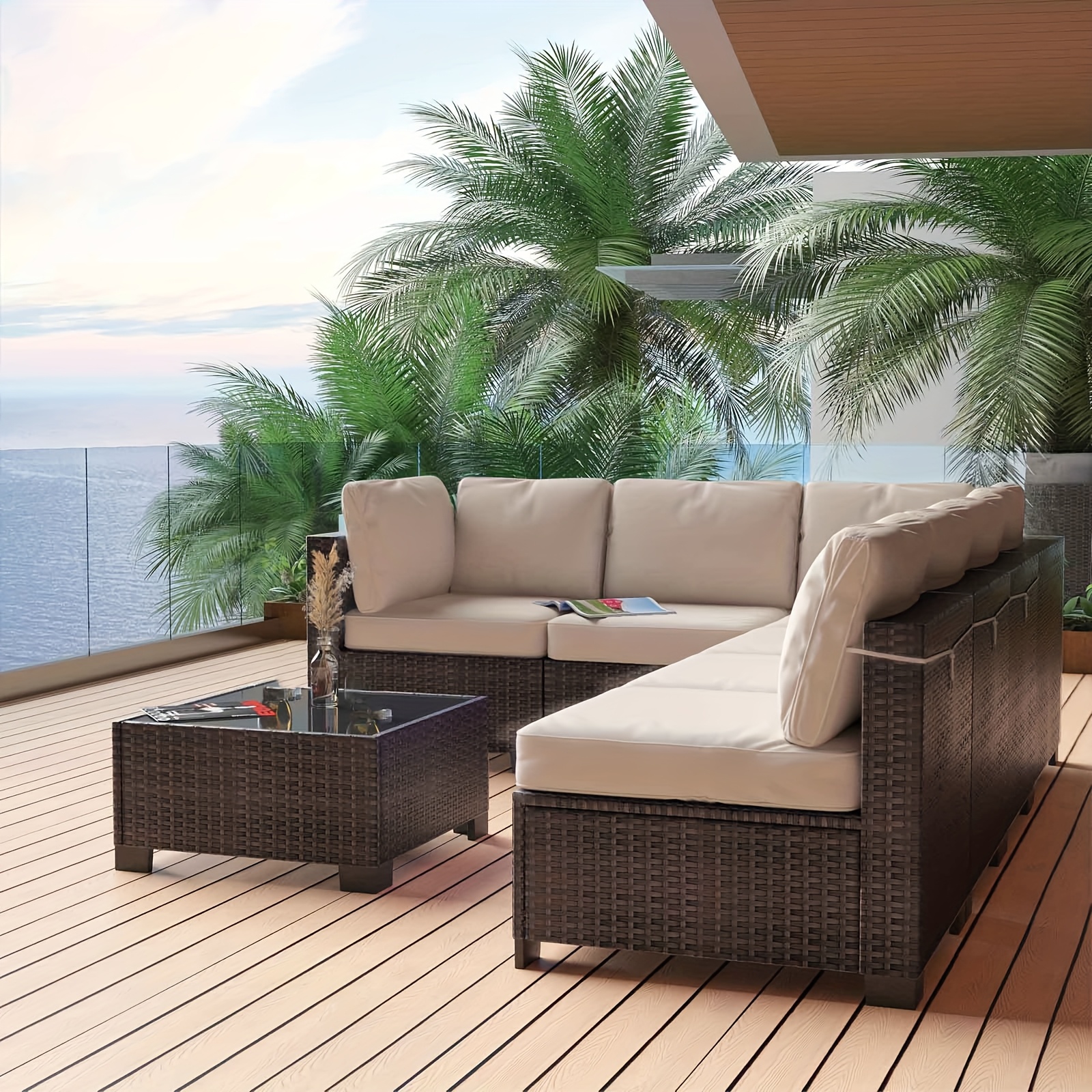 7pcs Outdoor Patio Furniture Set, Wicker Sectional Sofa Set Rattan Modular Conversation Couch Set with Cushions & Coffee Table, All-Weather Outdoor Furniture, Outdoor Conversation Furniture for Outside, Garden, Balcony, Porch, Poolside