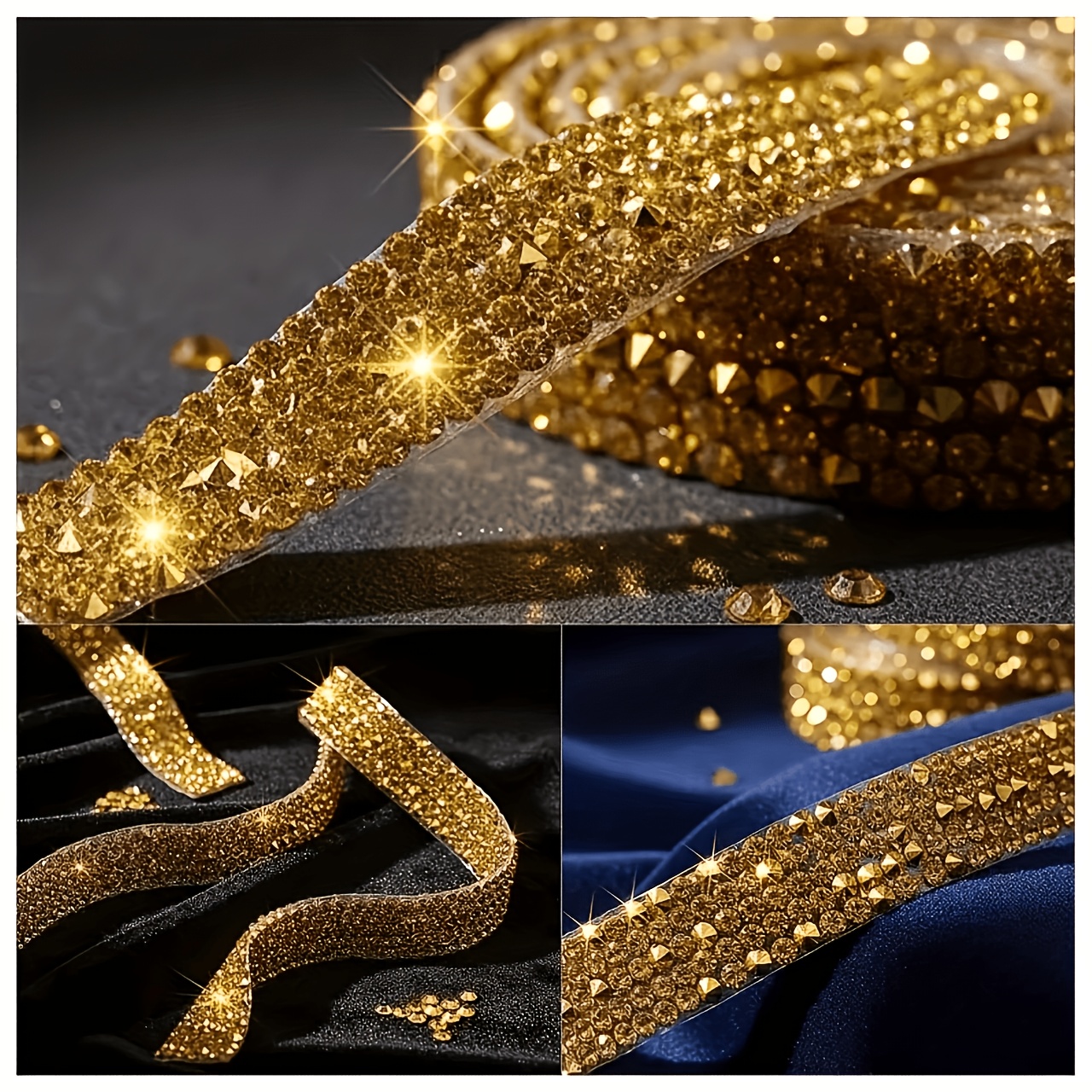 4 Rolls Sparkling Golden Rhinestone Trim for Decoration