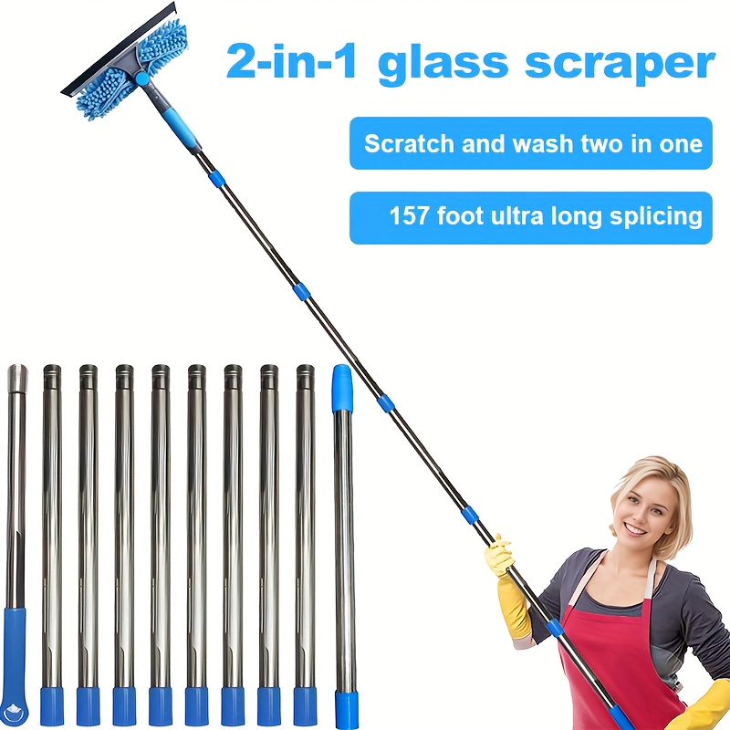 

2-in-1 Adjustable Cleaning Kit With Long Handle - Reusable Wiper And Brush For Windows, Walls & Outdoor Use, Metal Construction