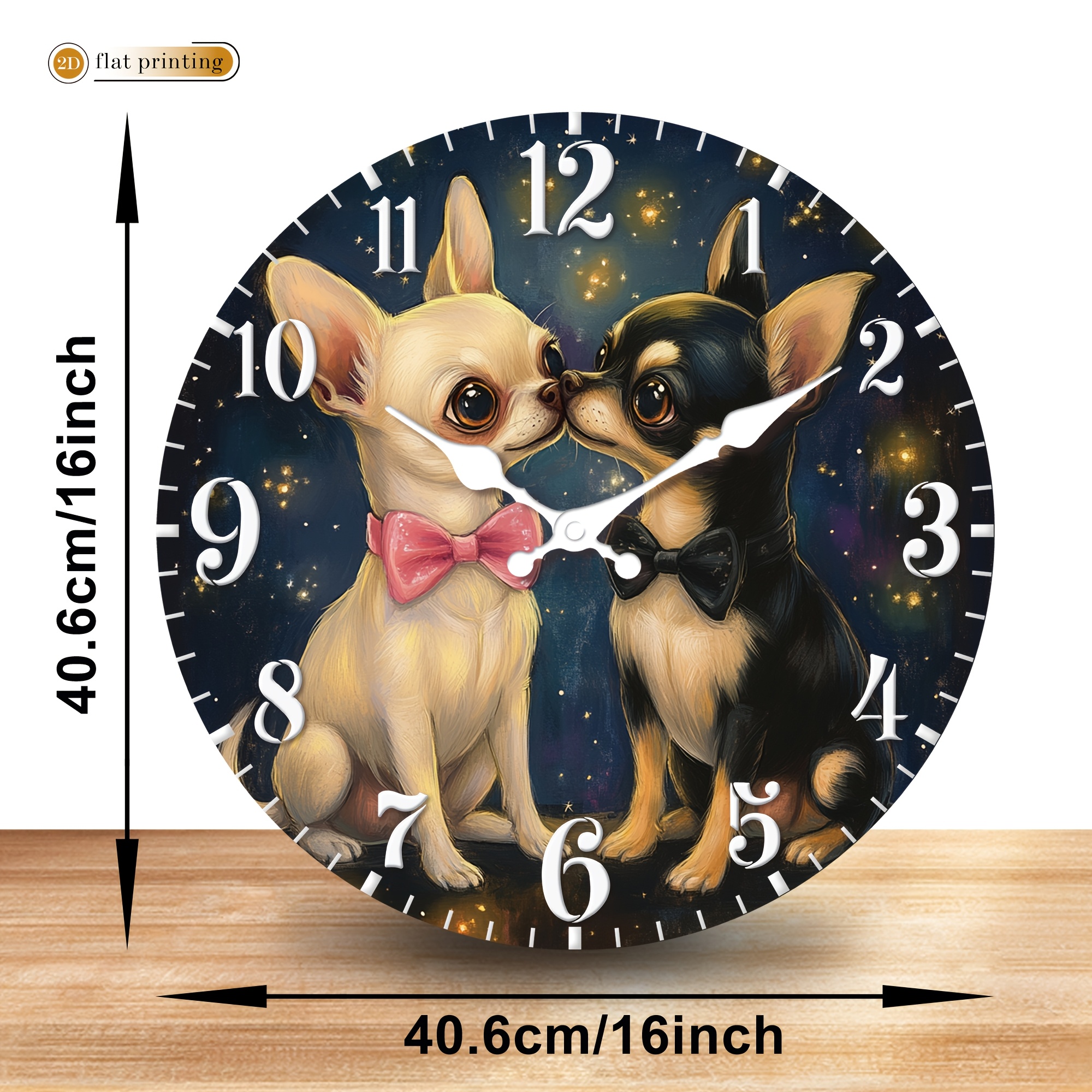 TEMU Chihuahua Dogs Kissing On Starry Night Wall Clock, Wooden Home Silent Wall Clock-2d Flat, Suitable For Decorating Restaurants, Kitchens And