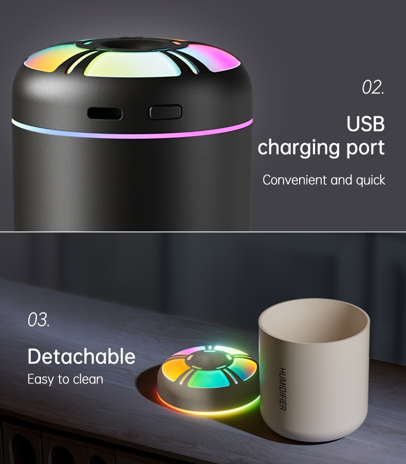 1 buc. Difuzor de aromă umidificator auto USB colorat, umidificator portabil mini cu ieșire mare de ceață de 180ml, dispozitiv compact de hidratare a aerului condiționat din cameră cu rezervor de apă pentru uleiuri esențiale, bateria nu este inclusă, alimentat prin USB