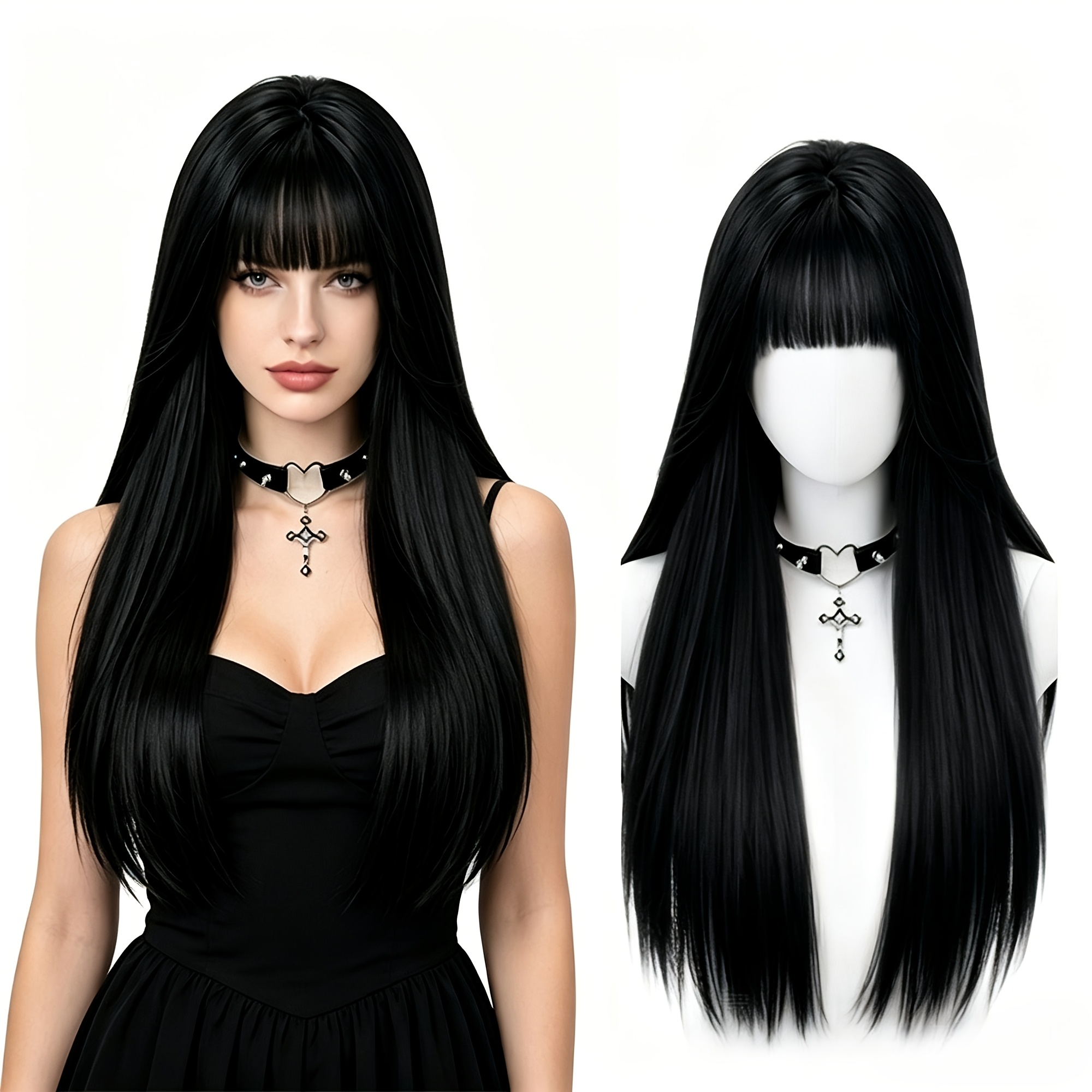 TEMU Elegant Women's Long Straight Hair Wig With Bangs, 28-inch Long Black Hair, , Soft And Comfortable, Easy To Care For, Dark Style Wig, Women's