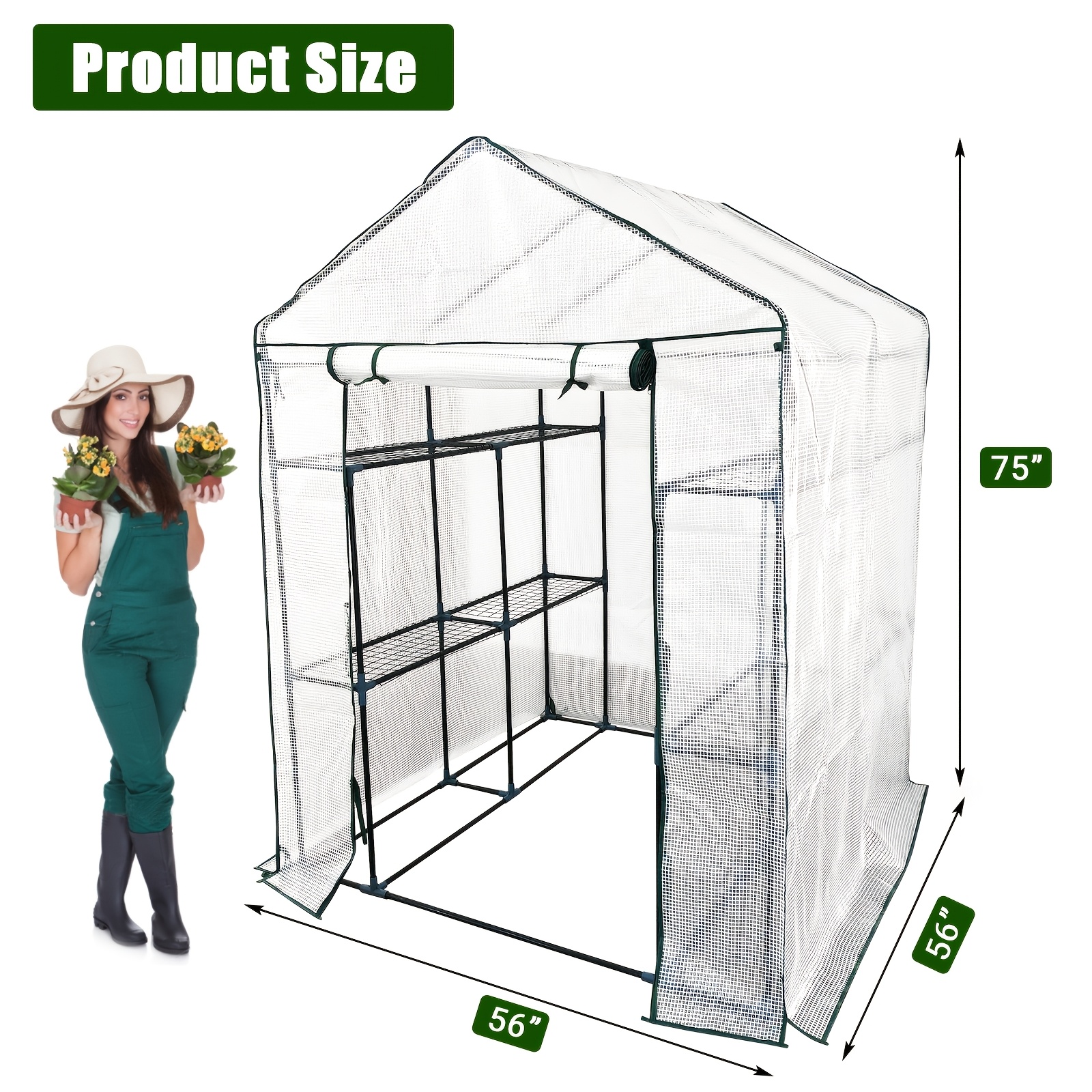 56"x83"x75" Walk-in Greenhouse With 8 Shelves, Reinforced With Pe Mesh Cover, Roll-up Windows & Zipper Door, Weather-resistant , Assembly, Perfect For Backyard Patio And Garden