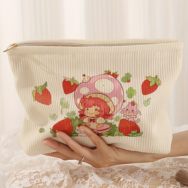 TEMU Strawberry Pattern Printed Corduroy Makeup Bag - Lightweight Zipper Lined Makeup Bag, Multi Functional Makeup Storage, Suitable For Toiletries And Accessories, Suitable For And Women