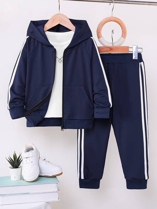 2pcs kids athletic set featuring navy hooded zip up jacket with white side stripes and matching ankle cinching athletic pants minimalist suitable for daily wear for outdoor