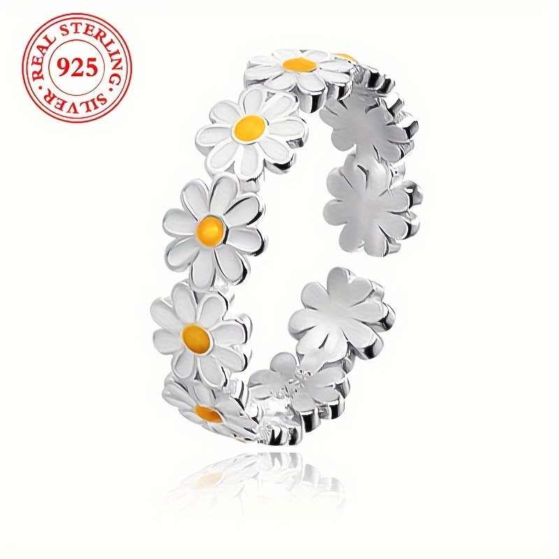 

Chic S925 Sterling Silvery Daisy Ring - Adjustable, -inspired With Resin Accents For & Vacation Wear