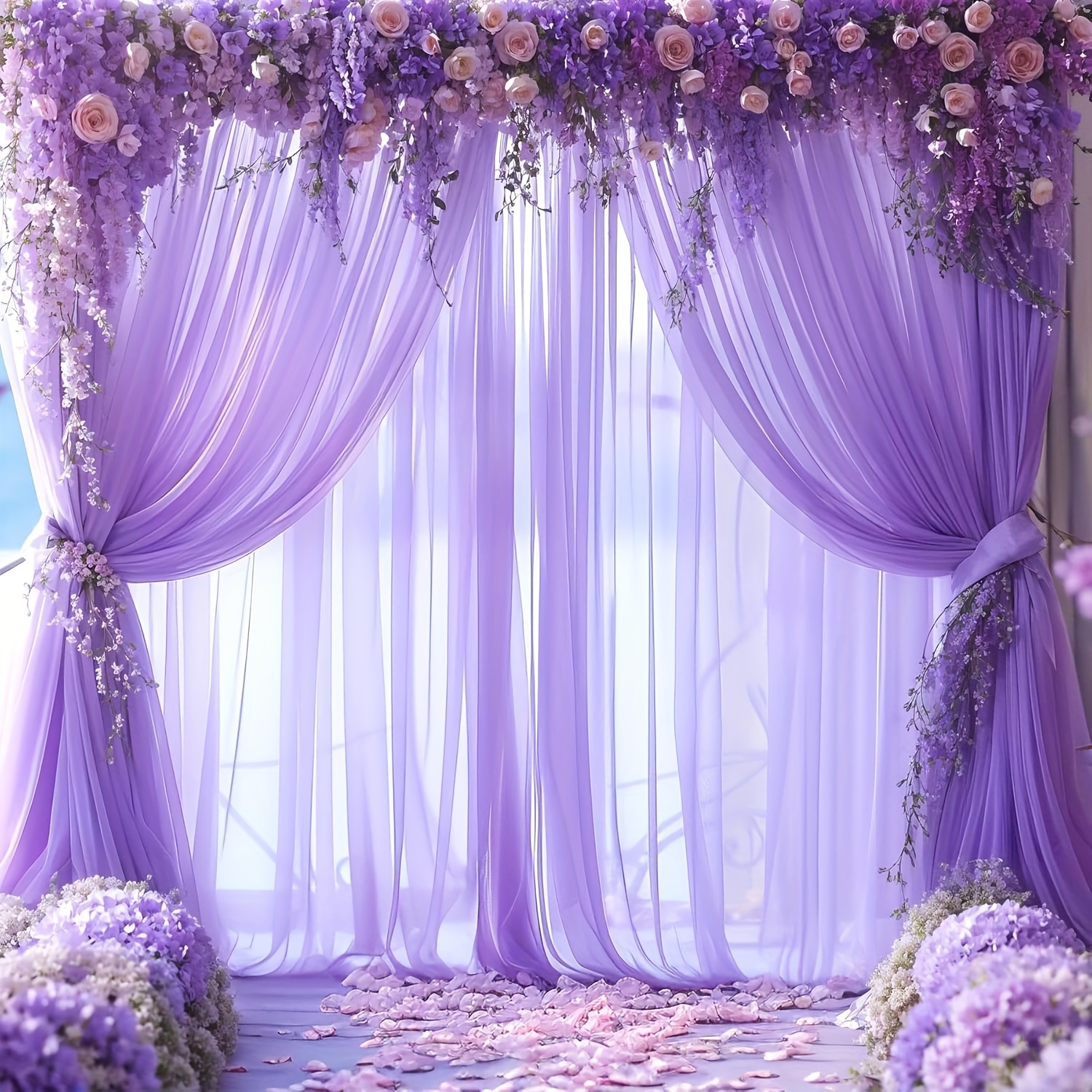 

2pcs Purple Sheer Curtains Romantic Drapes For Wedding Backdrop Party Stage Ceiling Decor, Polyester 100% Solid Color Rectangular Woven Fabric, Ideal For Christmas, Birthday & Wedding