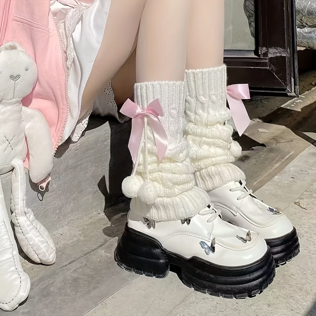 TEMU 1 Pair Women's Bow Detail Socks Covers - White Ankle Length Elastic Stretch, Suitable For Autumn Winter, Machine Washable And , Versatile Denim