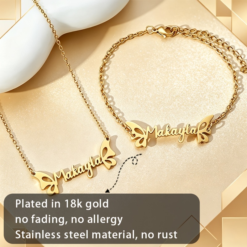 TEMU [customized] A Custom Diy Name Stainless Steel Bracelet Necklace Set, 18k Golden Plated, Suitable For Couples, Family , Commemorative Jewelry,