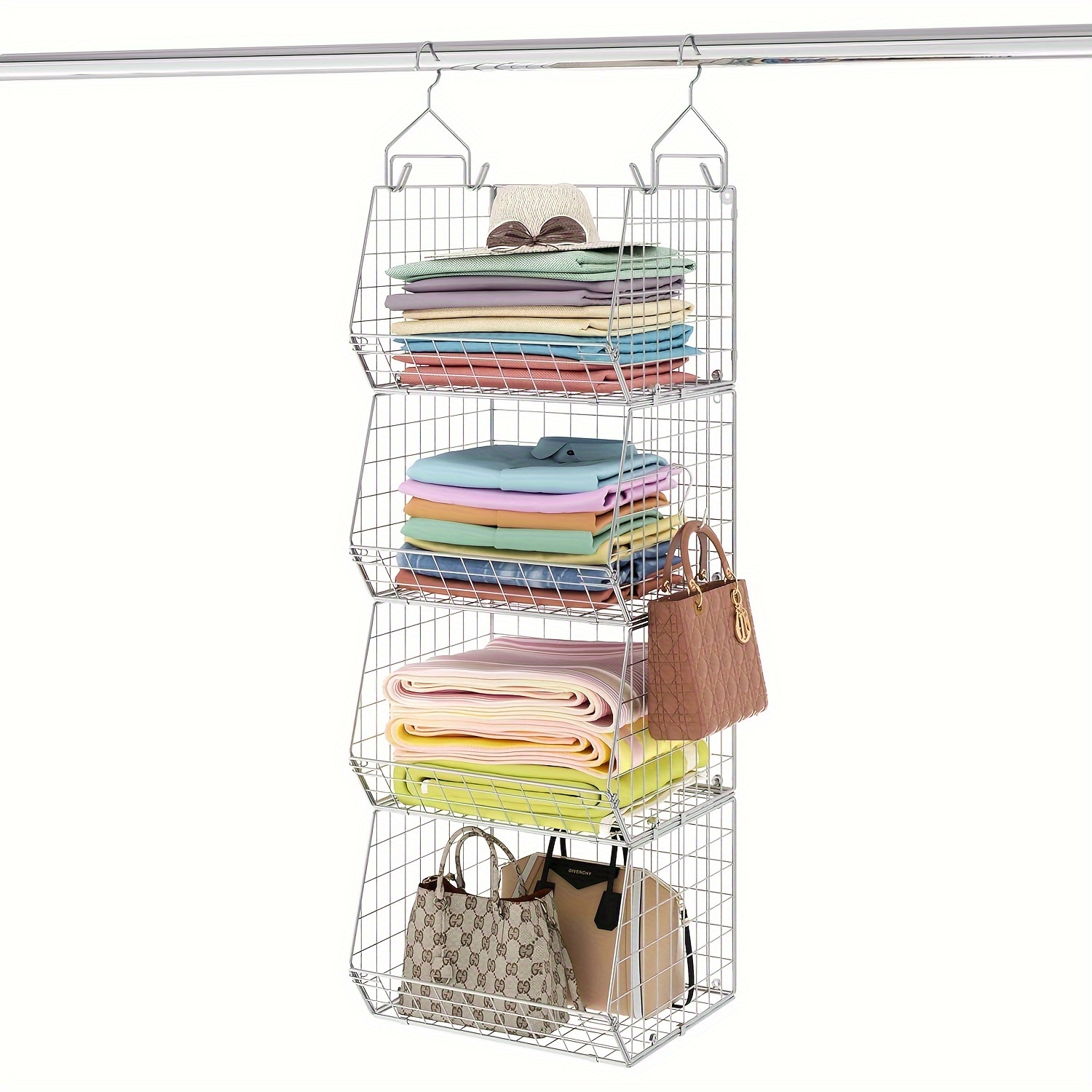 

4 Tier Closet Hanging Organizer, Clothes Hanging Shelves With 5 S Hooks, Closet Organization And Storage Wire Basket Bins For Clothing Sweater Handbag Clutches Accessories Patent Design Silver