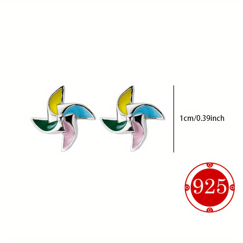 925 Sterling Silver Windmill Earrings Hypoallergenic Colorful Studs