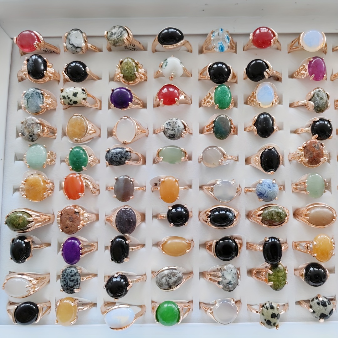 

50pcs Wholesale Mixed Ring Natural Stone Rings, Rose Gold Inlaid Agate, Turquoise, Opal Stone, Malay Jade, Tiger Eye Stone Assorted Varieties Stone Rings Random Men Women Knuckle Stacking Rings