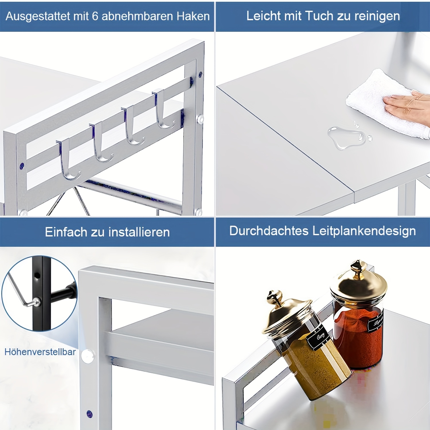 Kitchen Shelf, 40-64cm Extendable Microwave Shelf With 6 Hooks, 32cm/42cm Height-adjustable Microwave Stand, 30kg Load-bearing Microwave Oven Shelf, Microwave Oven Shelf, Spice Rack, Microwave Holder, Kitchen Storage Rack