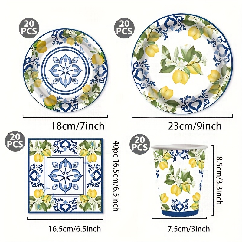 Image of 80pcs Lemon Themed Party Disposable Tableware Set Of 80pcs (+20 Cups+20 Tissues) Is Perfect For Birthdays, Graduation, And School , Wedding Banquets, Afternoon Tea, And Christmas Family Parties.